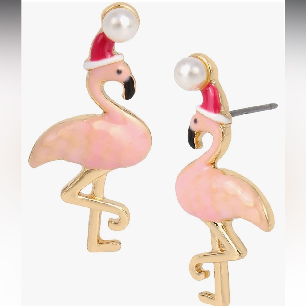 Brand New Betsey Johnson Pink Santa Flamingo Stud Earrings